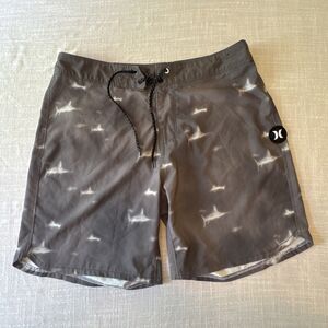 Hurley Unlined Stretchy Swim Shorts Dark Gray With Swordfish Sharks Mens Size 32